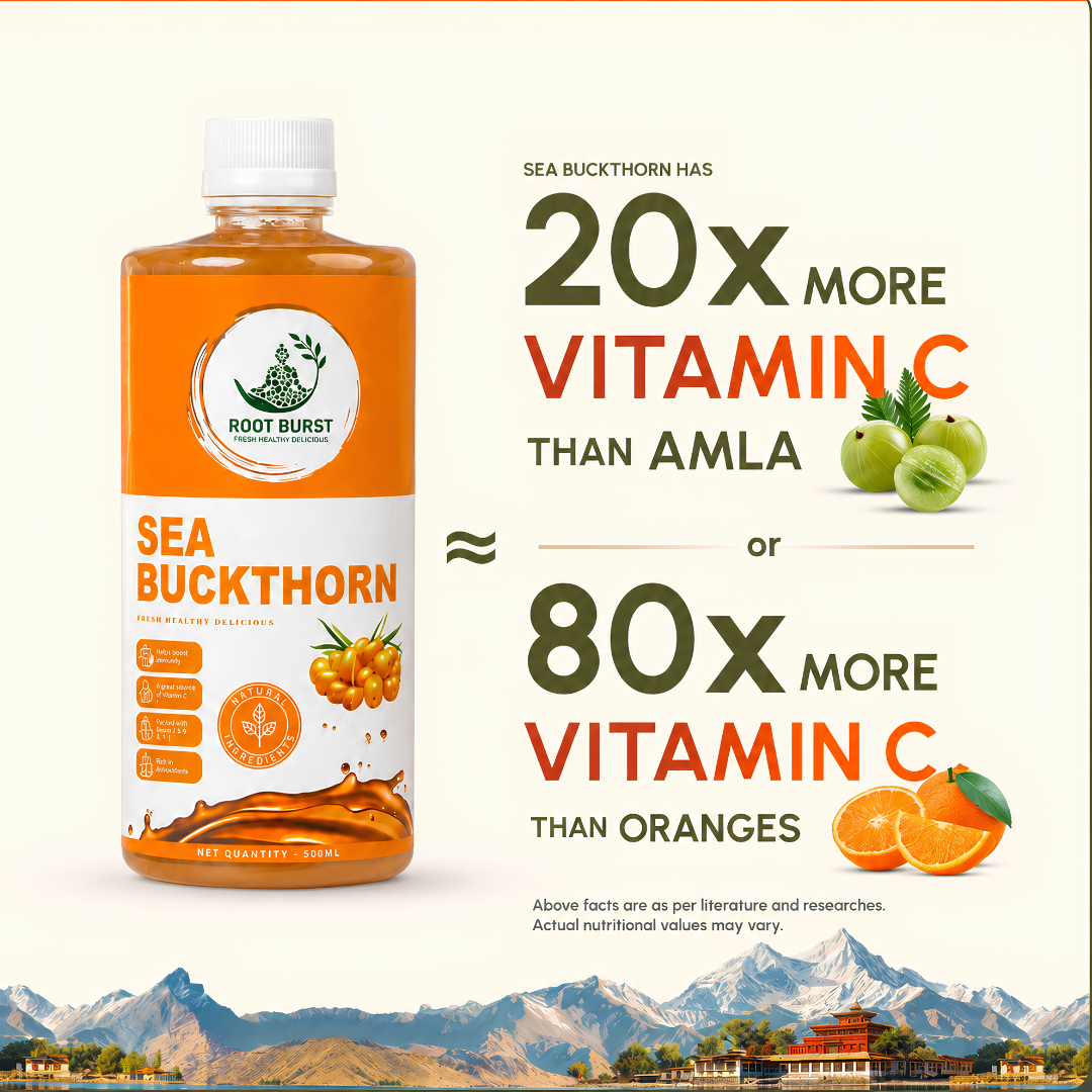 Root Burst Sea Buckthorn Juice | 20X More Vitamin C Than Amla | 80X More Vitamin C Than Orange | glow skin | Immunity Booster | 500ml