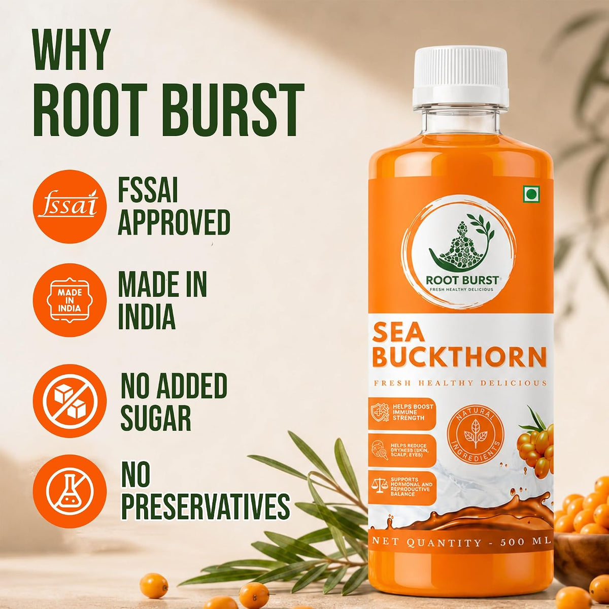 ROOT BURST Himalayan Sea Buckthorn Juice | Rich in Omega 3-6-7-9 & Natural Vitamin C | Antioxidant-Rich Wellness Drink | No Added Sugar