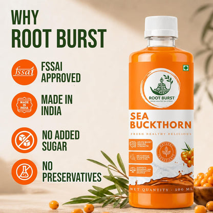 ROOT BURST Himalayan Sea Buckthorn Juice | Rich in Omega 3-6-7-9 & Natural Vitamin C | Antioxidant-Rich Wellness Drink | No Added Sugar