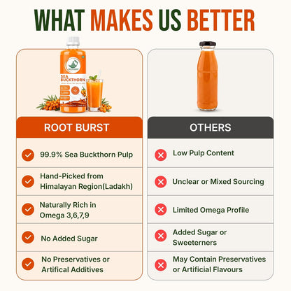 ROOT BURST Himalayan Sea Buckthorn Juice | Rich in Omega 3-6-7-9 & Natural Vitamin C | Antioxidant-Rich Wellness Drink | No Added Sugar